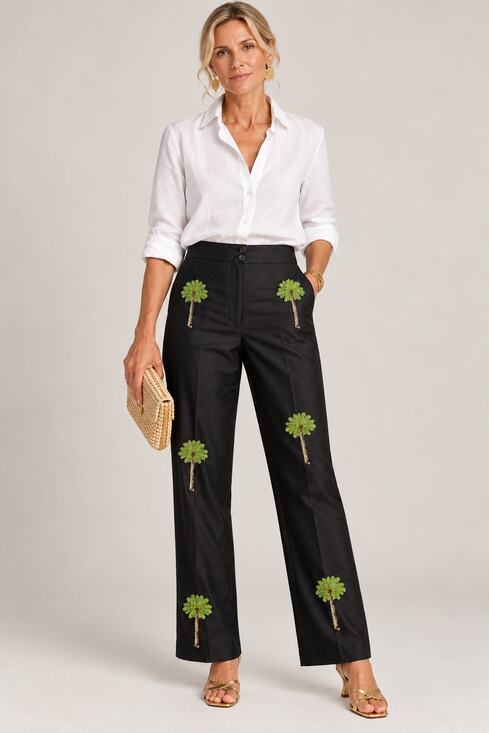 CJ Laing Pants - CJ Laing Black Silk Beaded Palm Tree Pants Womens 10 Wide Leg Resort Artwear